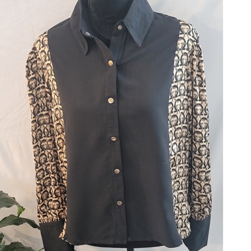 Faveciros Black Geometric Print Sleeve Snap Front Blouse Pointed Collar Womens L
